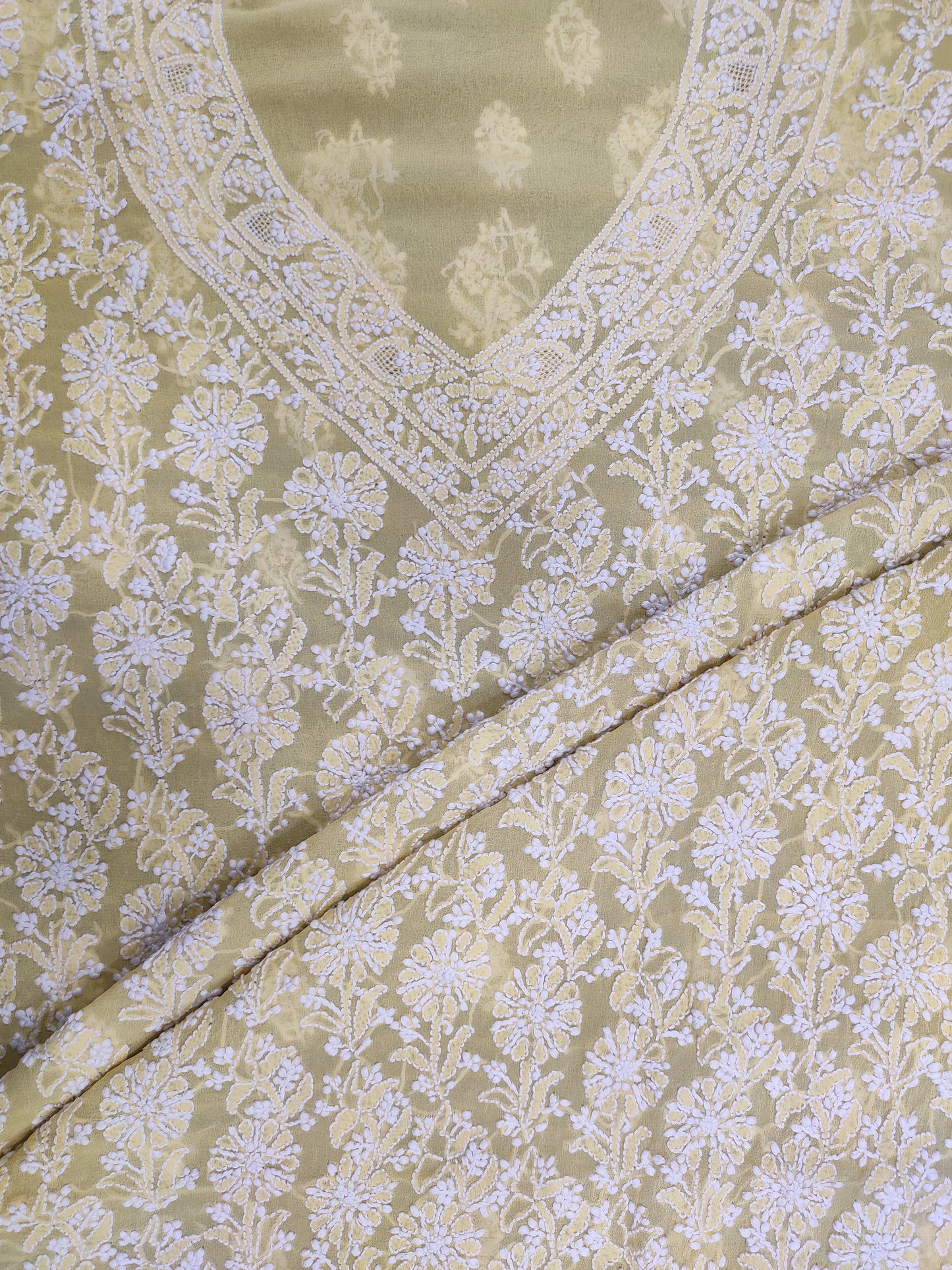 Shyamal Chikan Hand Embroidered Yellow Pure Georgette Lucknowi Chikankari Unstitched Suit Piece  - S1445