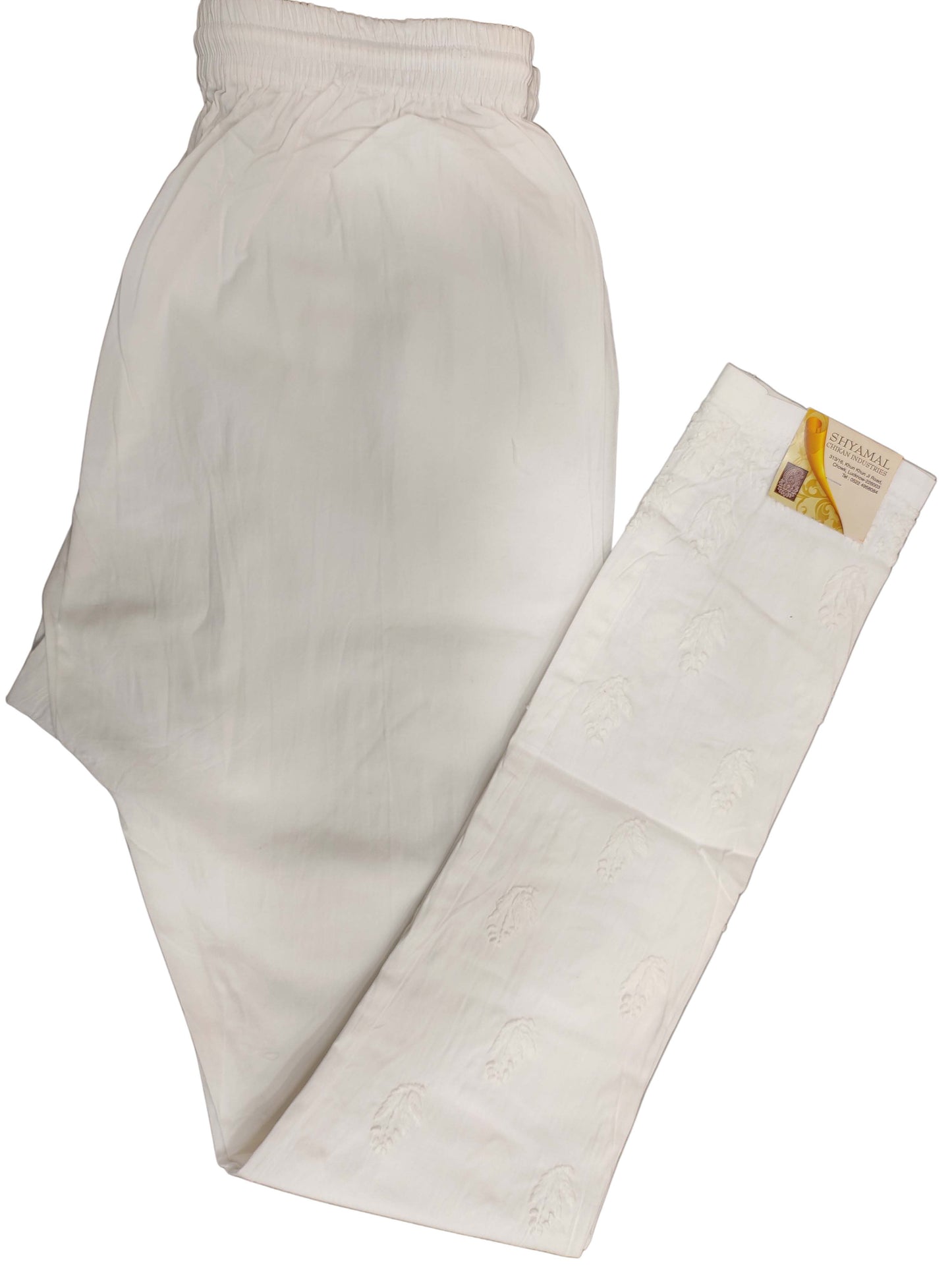 Shyamal Chikan Hand Embroidered White Lycra Cotton Lucknowi Chikankari Women's Legging – S3738