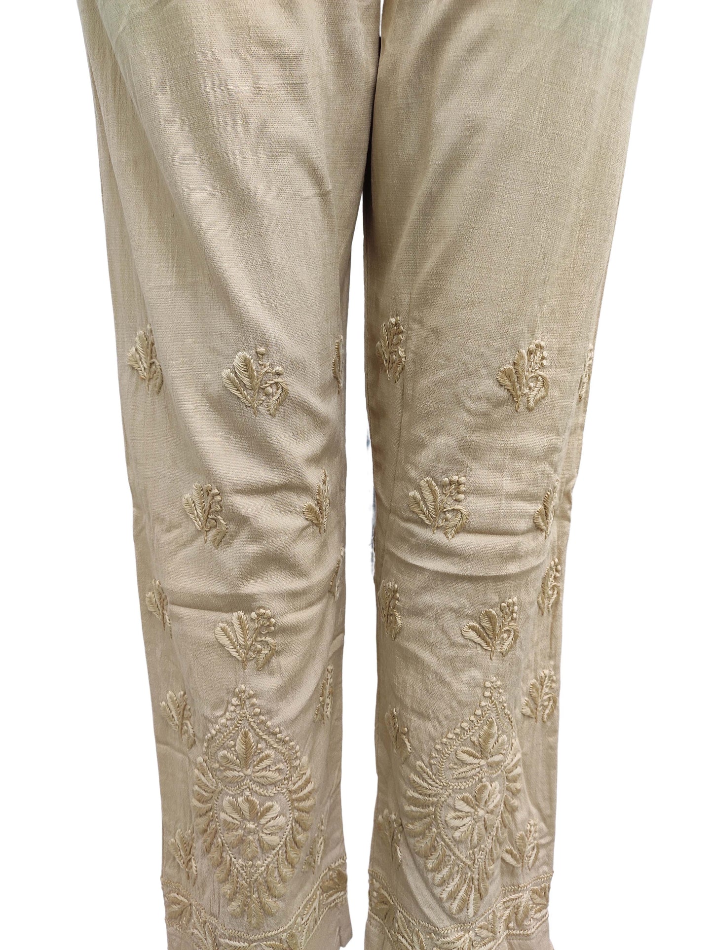 Shyamal Chikan Hand Embroidered Beige Lycra Cotton Lucknowi Chikankari Women's Pant – S8935
