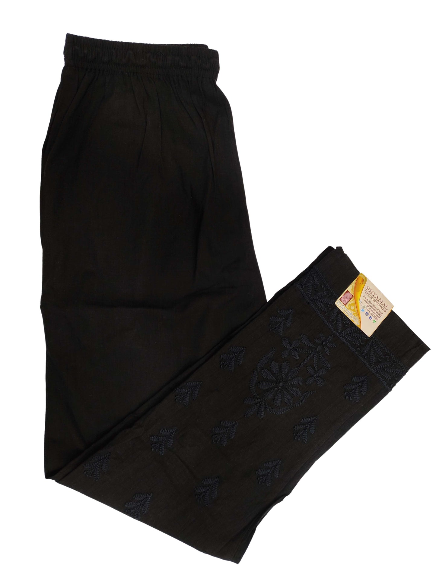 Shyamal Chikan Hand Embroidered Black Lycra Cotton Lucknowi Chikankari Women's Pant – S12728