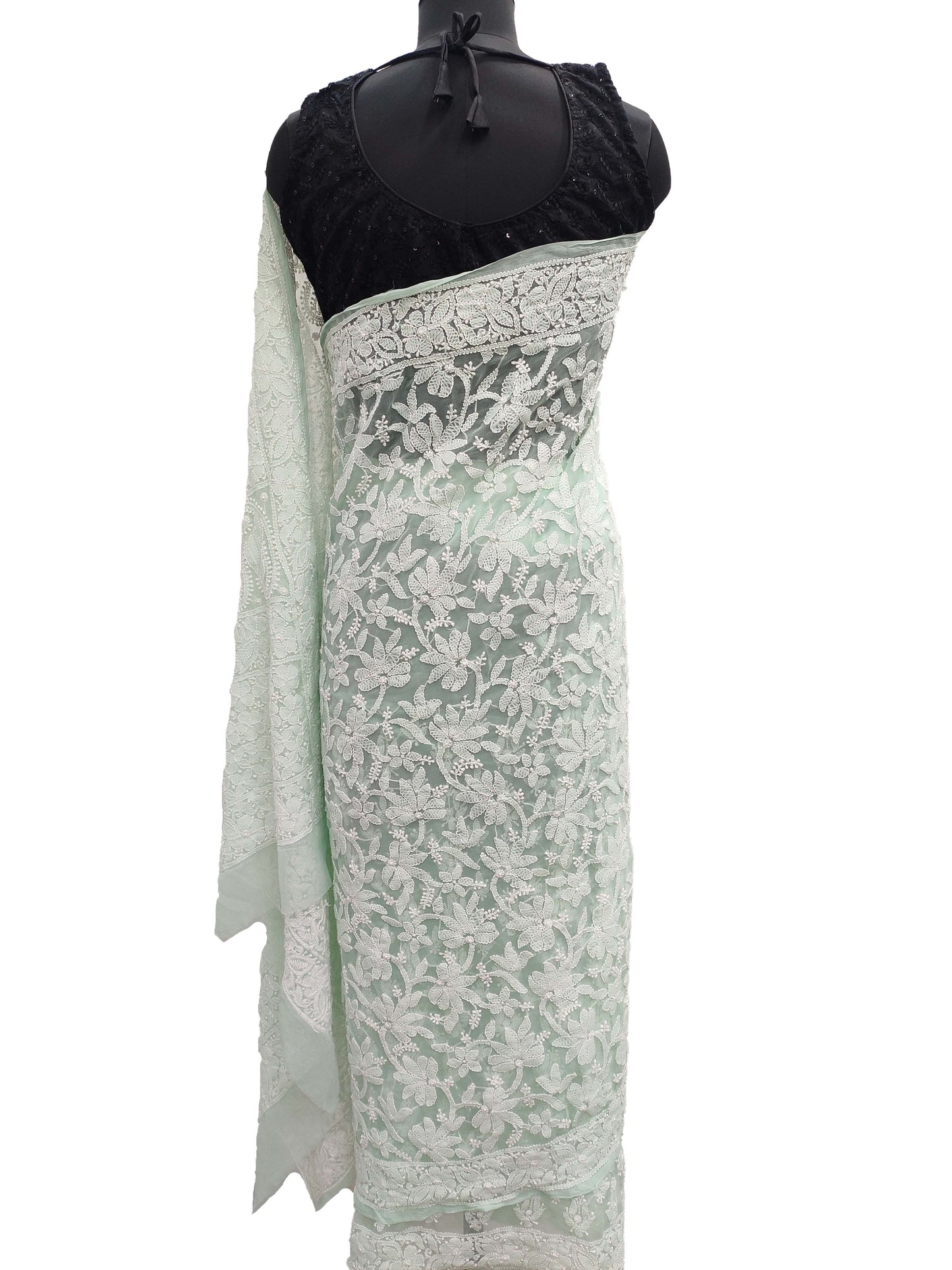 Shyamal Chikan Hand Embroidered Sea Green Georgette Lucknowi Chikankari Full Jaal Saree With Blouse Piece - S11002