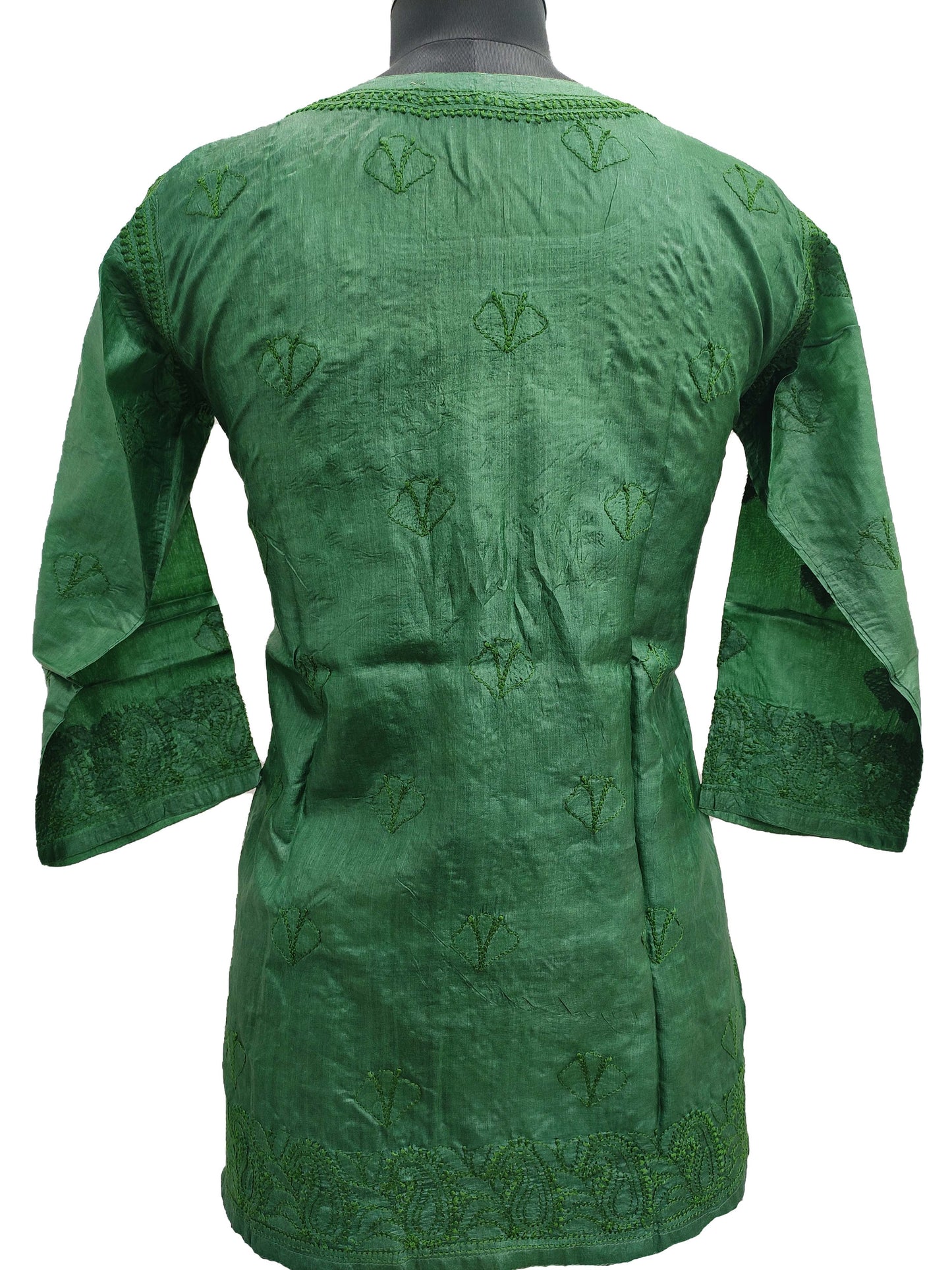 Shyamal Chikan Hand Embroidered Green Pure Tusser Silk Lucknowi Chikankari Short Top- S506