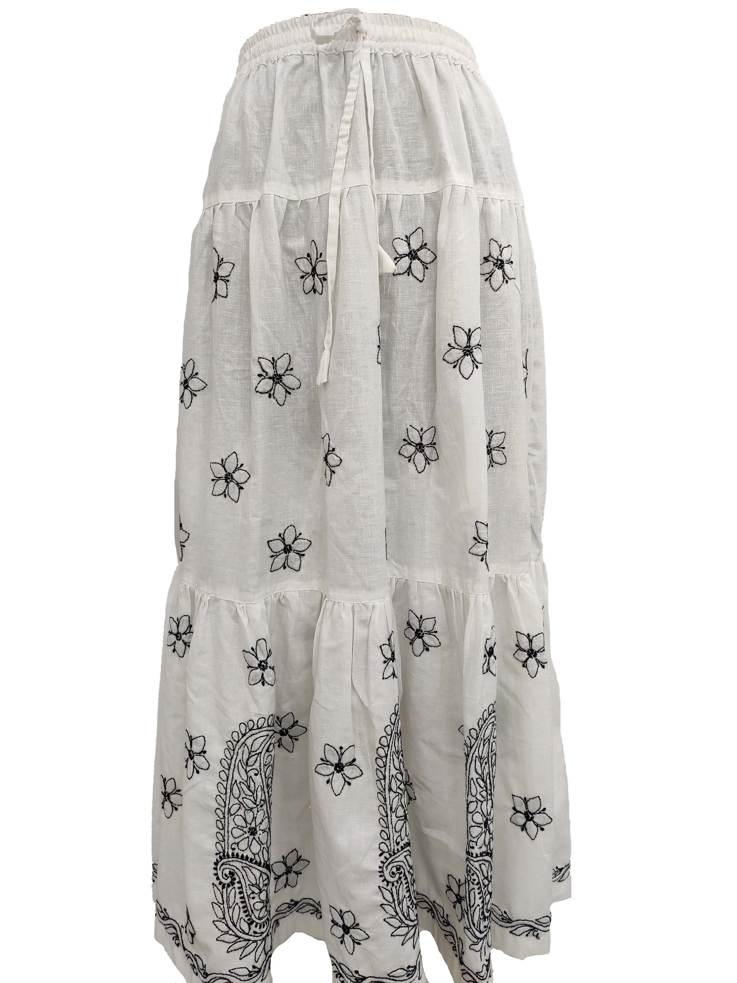 Shyamal Chikan Hand Embroidered White Lenin Cotton Lucknowi Chikankari Women's Skirt– S1158