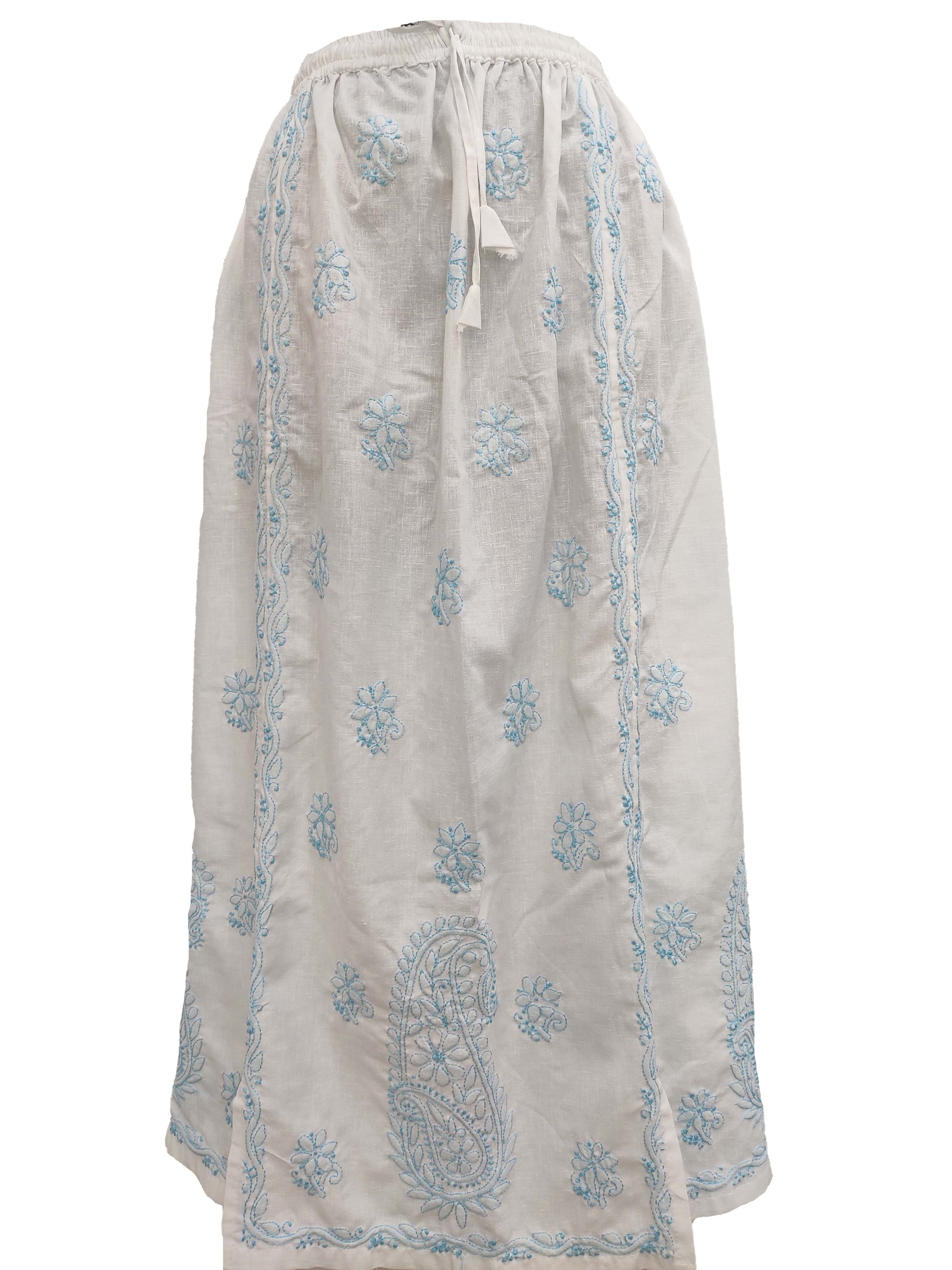 Shyamal Chikan Hand Embroidered White Cotton Lucknowi Chikankari Women's  Skirt– S1156