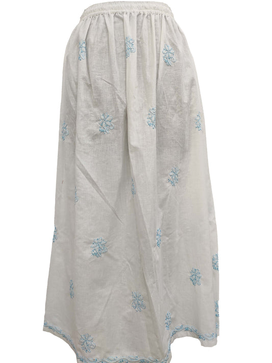 Shyamal Chikan Hand Embroidered White Lenin Cotton Lucknowi Chikankari Women's  Skirt– S1156