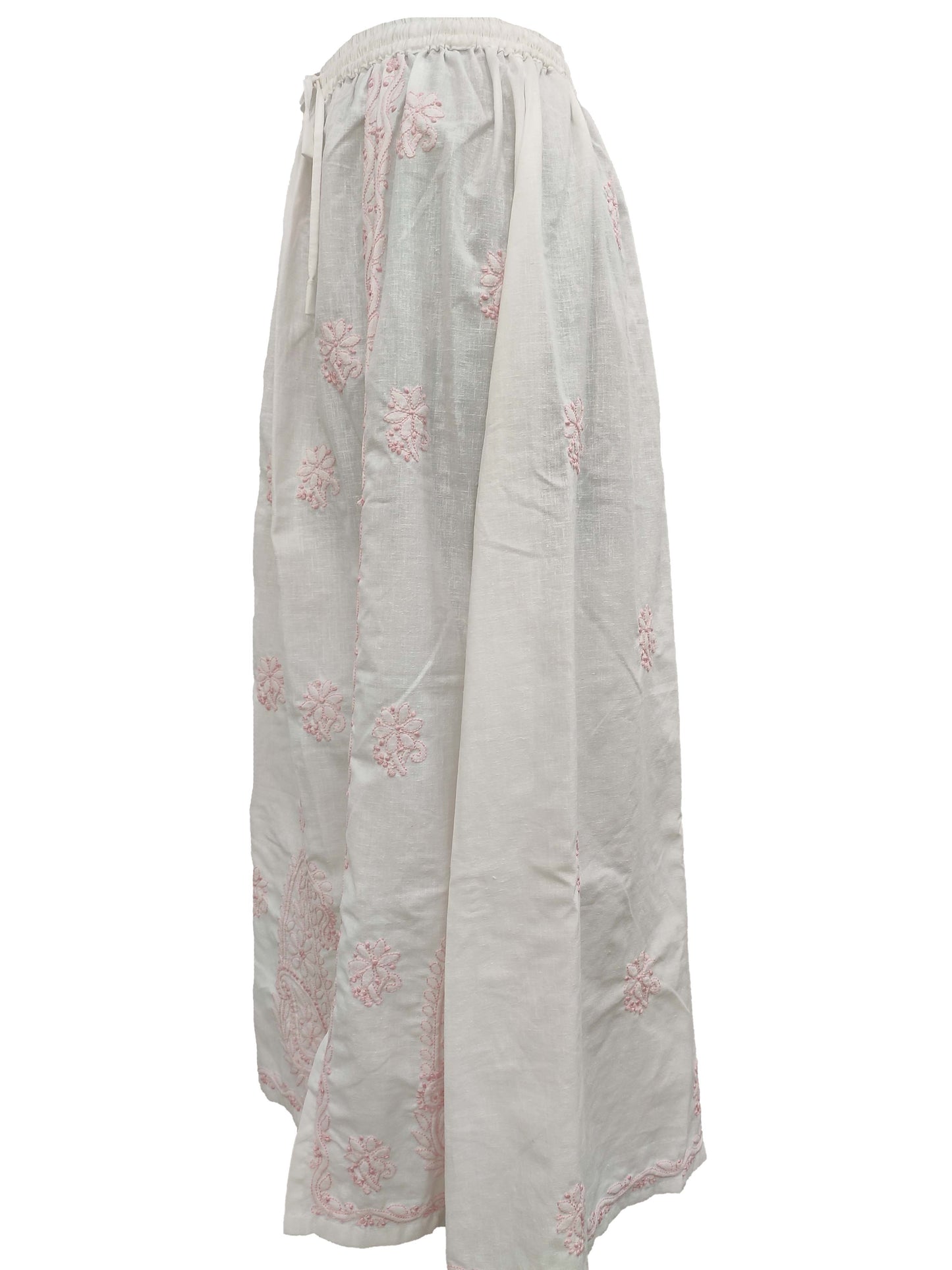 Shyamal Chikan Hand Embroidered White Lenin Cotton Lucknowi Chikankari Women's Skirt– S1157