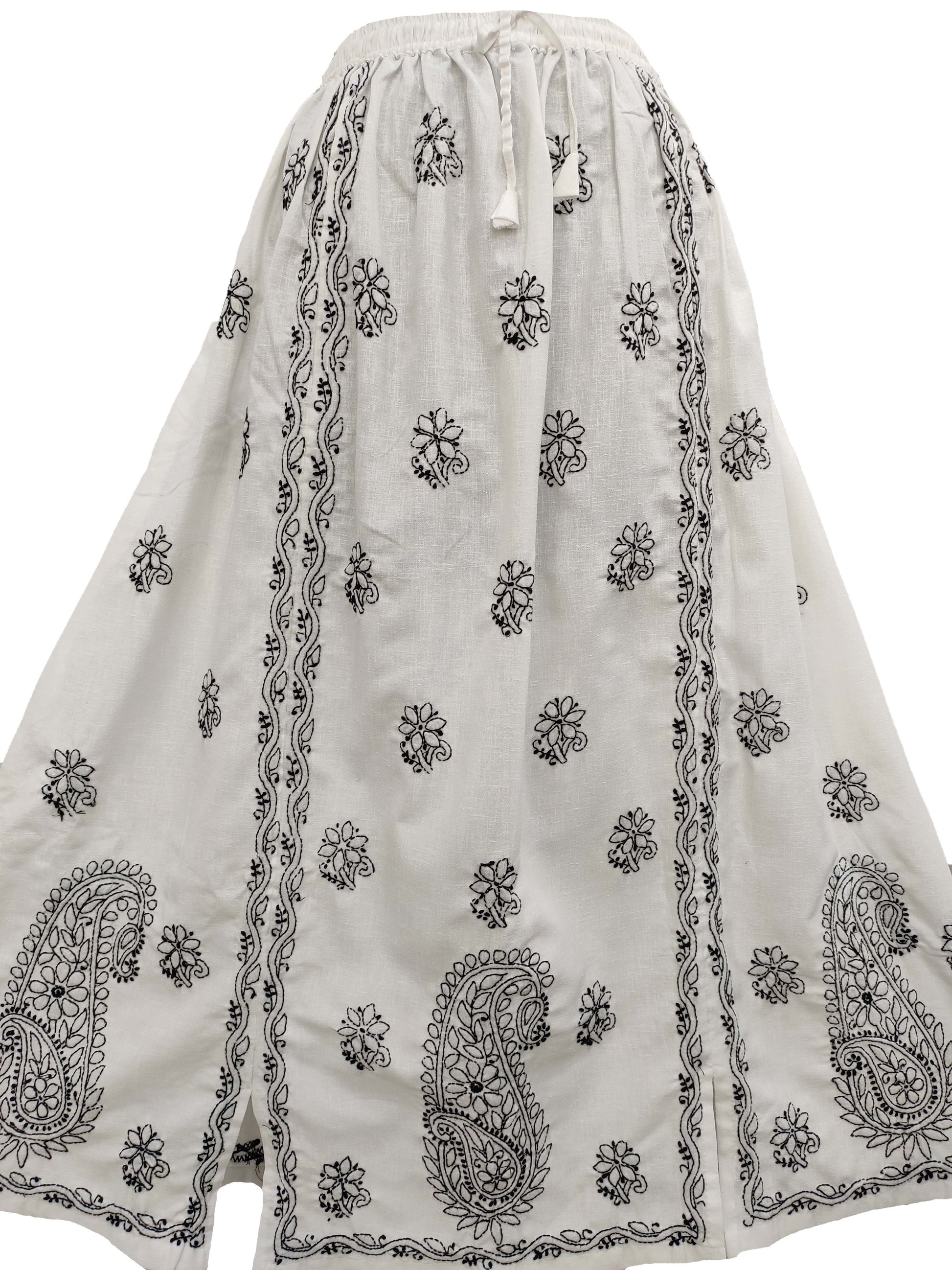 Shyamal Chikan Hand Embroidered White Cotton Lucknowi Chikankari Women's Skirt– S4392