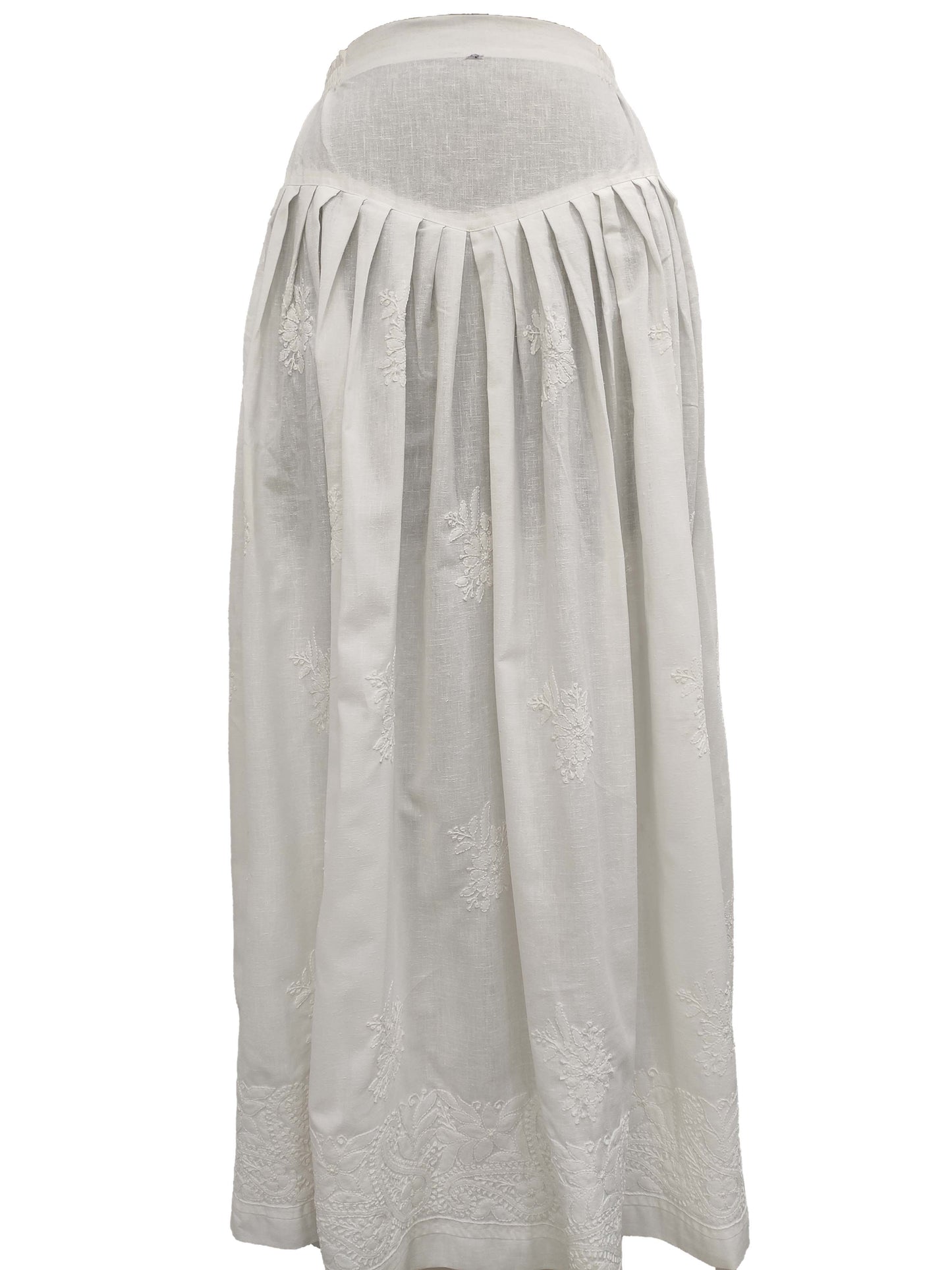 Shyamal Chikan Hand Embroidered White Lenin Cotton Lucknowi Chikankari Women's Skirt– S1160