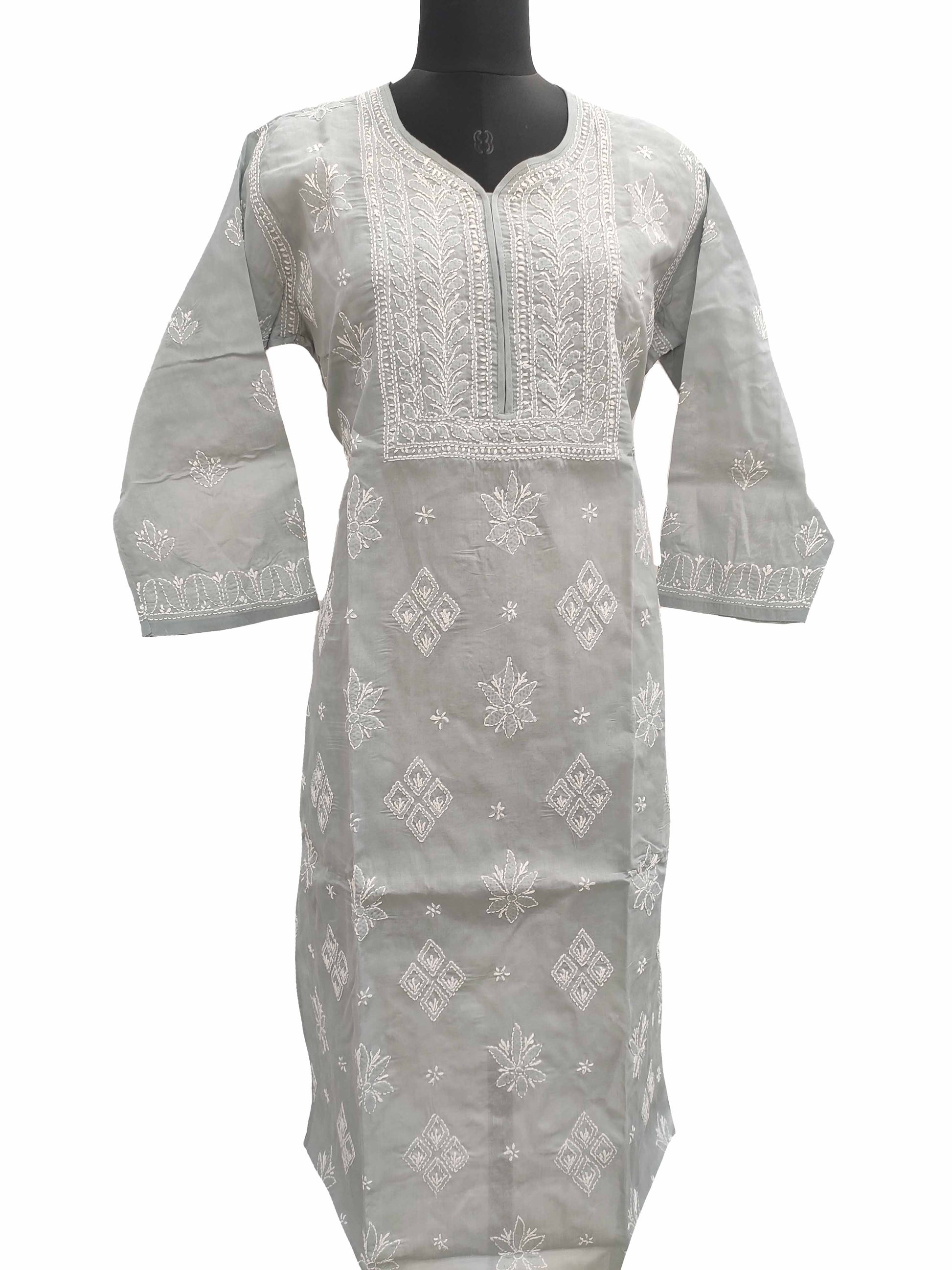 Shyamal Chikan Hand Embroidered Grey Cotton Lucknowi Chikankari Kurti- S11060
