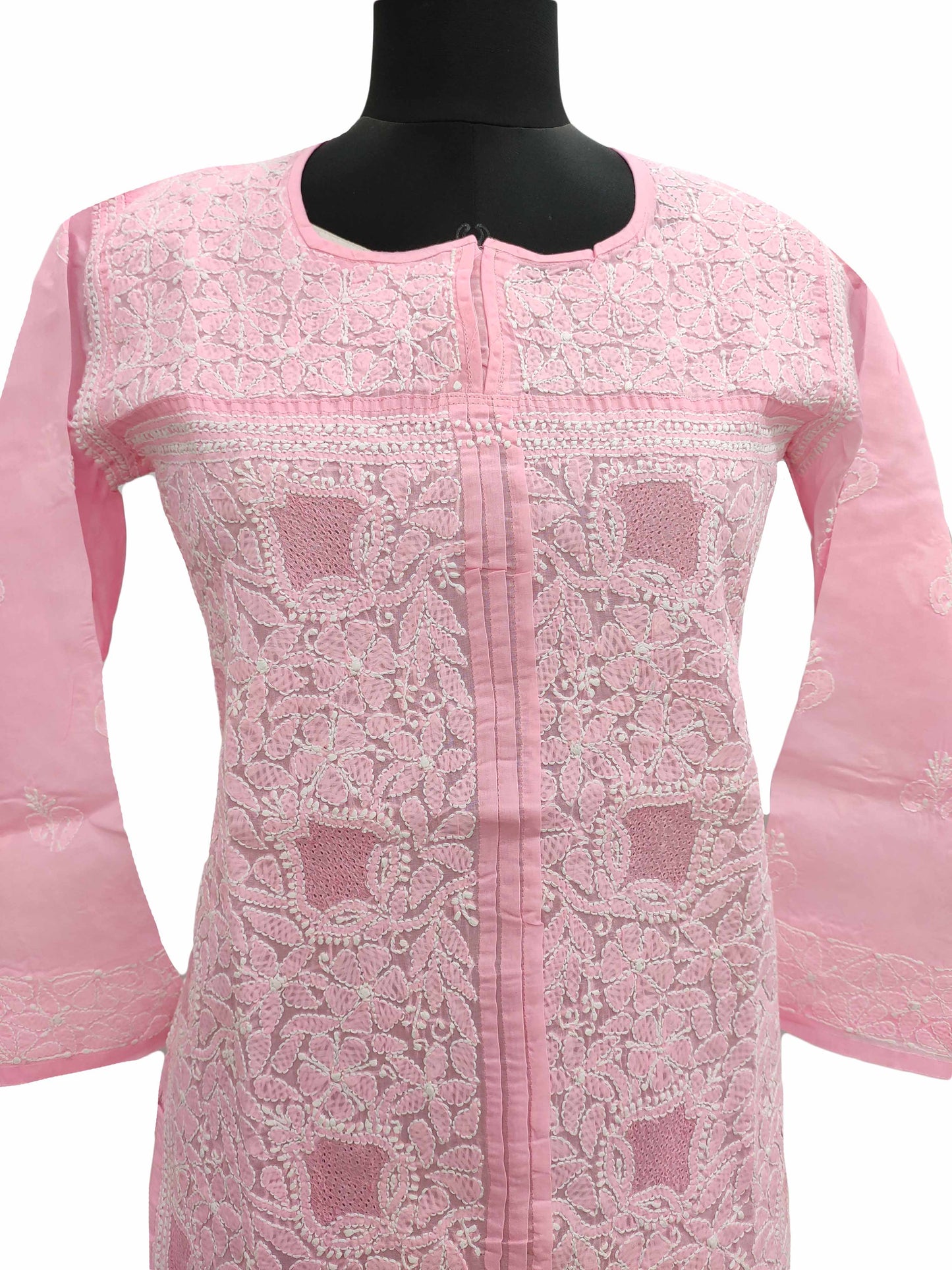 Shyamal Chikan Hand Embroidered Pink Cotton Lucknowi Chikankari Short Top With Jaali Work- S11273