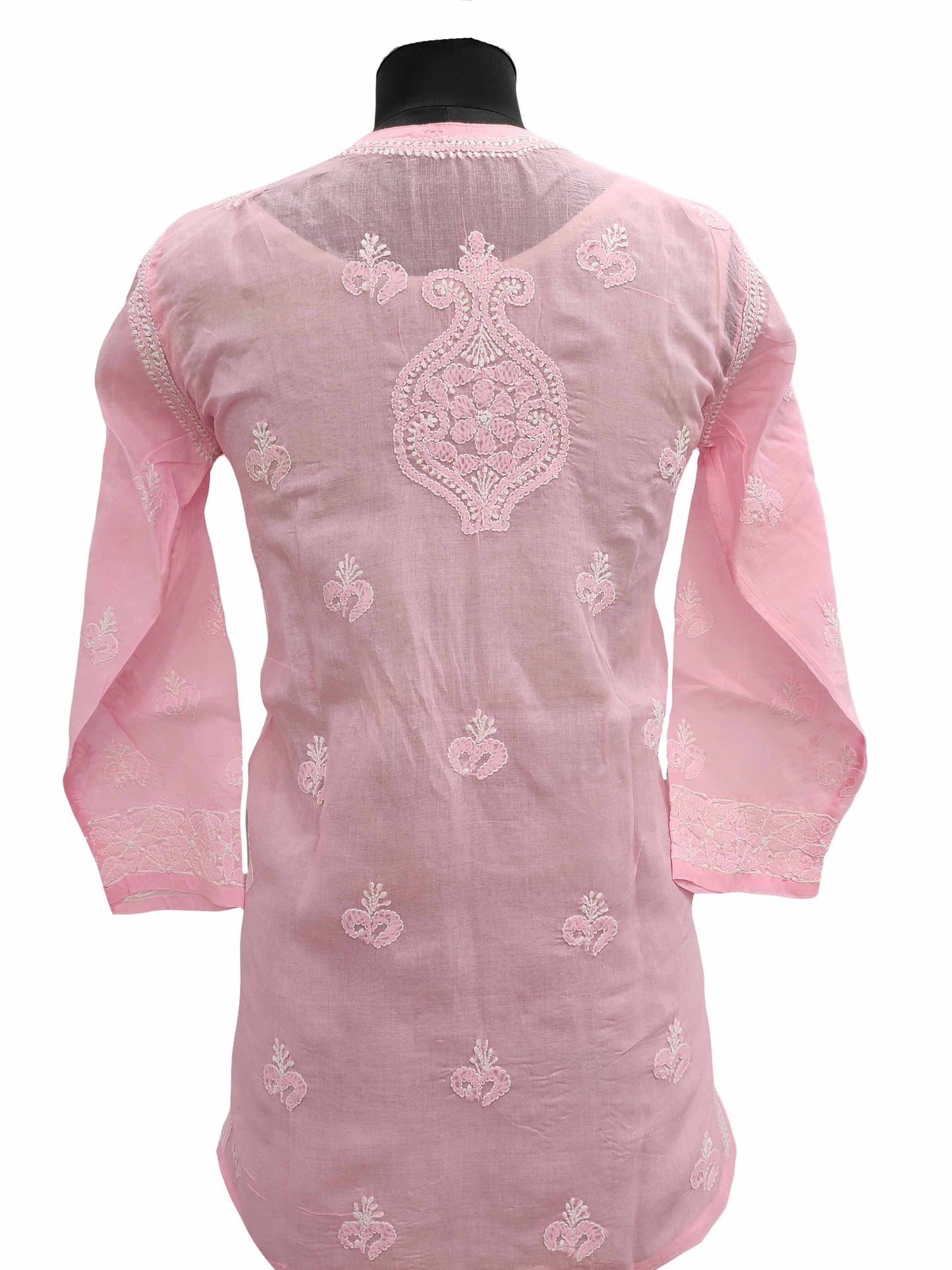 Shyamal Chikan Hand Embroidered Pink Cotton Lucknowi Chikankari Short Top With Jaali Work- S11273
