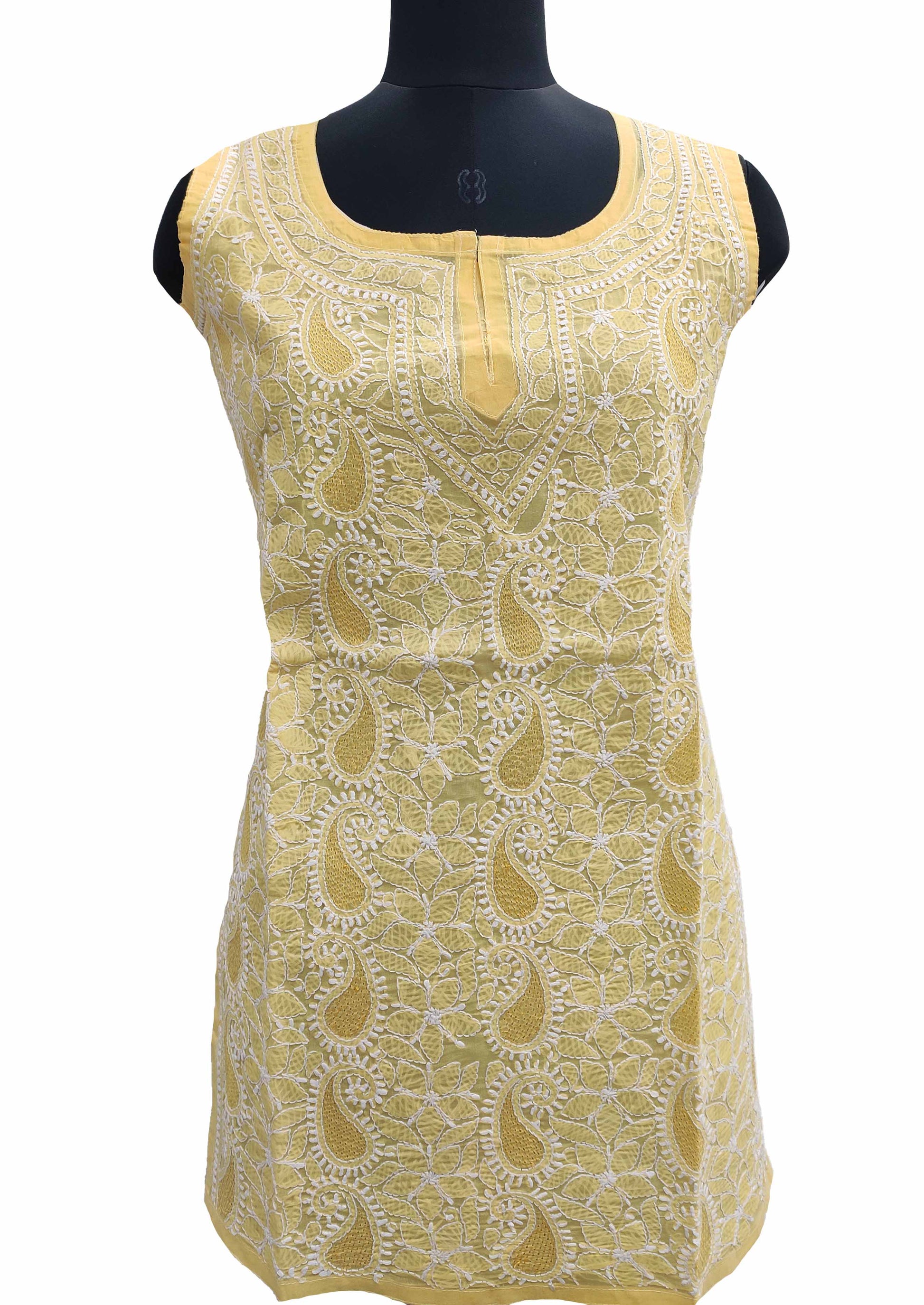 Shyamal Chikan Hand Embroidered Yellow Cotton Lucknowi Chikankari Sleeveless Short Top With Jaali Work - S11300