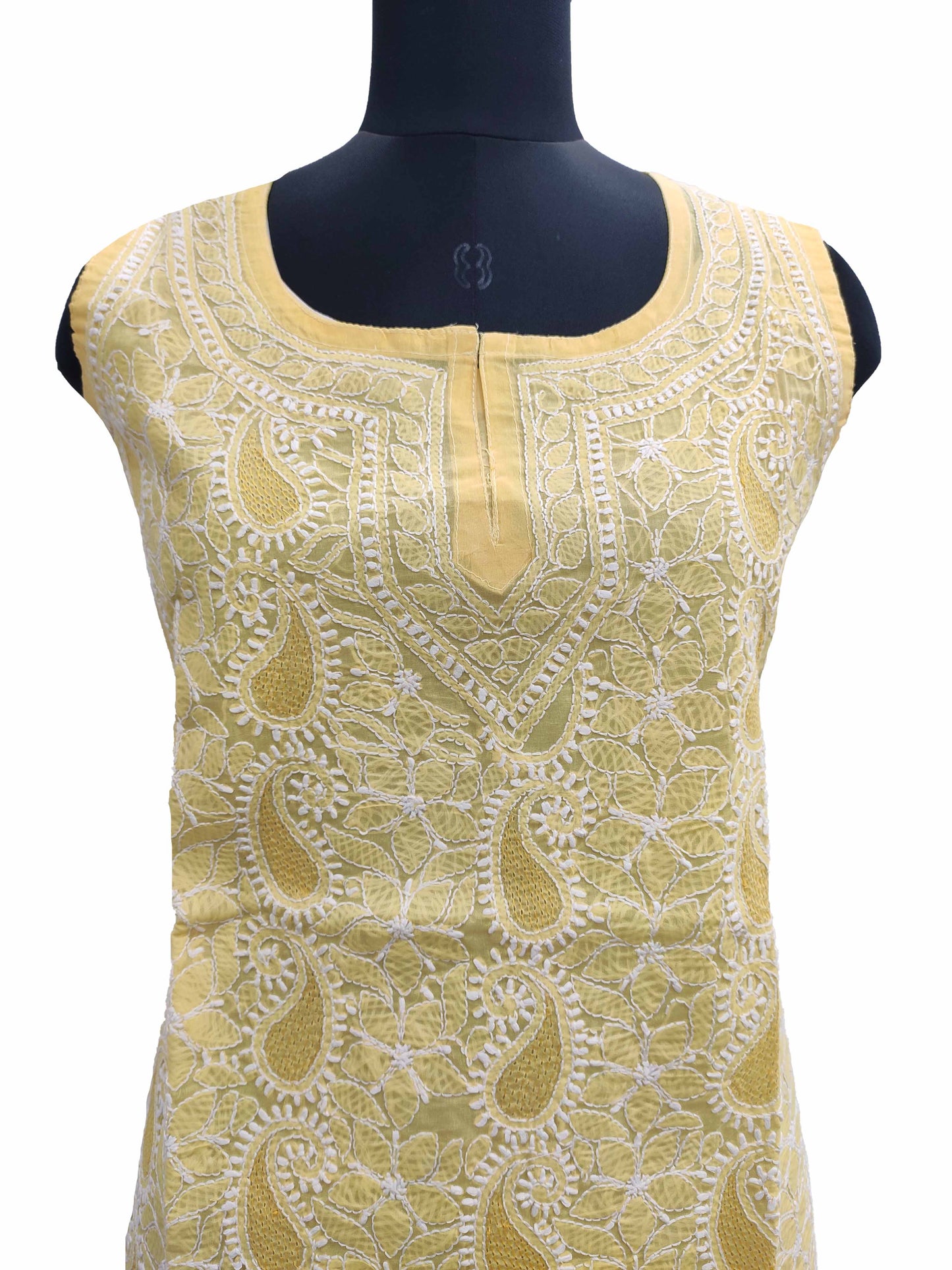 Shyamal Chikan Hand Embroidered Yellow Cotton Lucknowi Chikankari Sleeveless Short Top With Jaali Work -  S11300