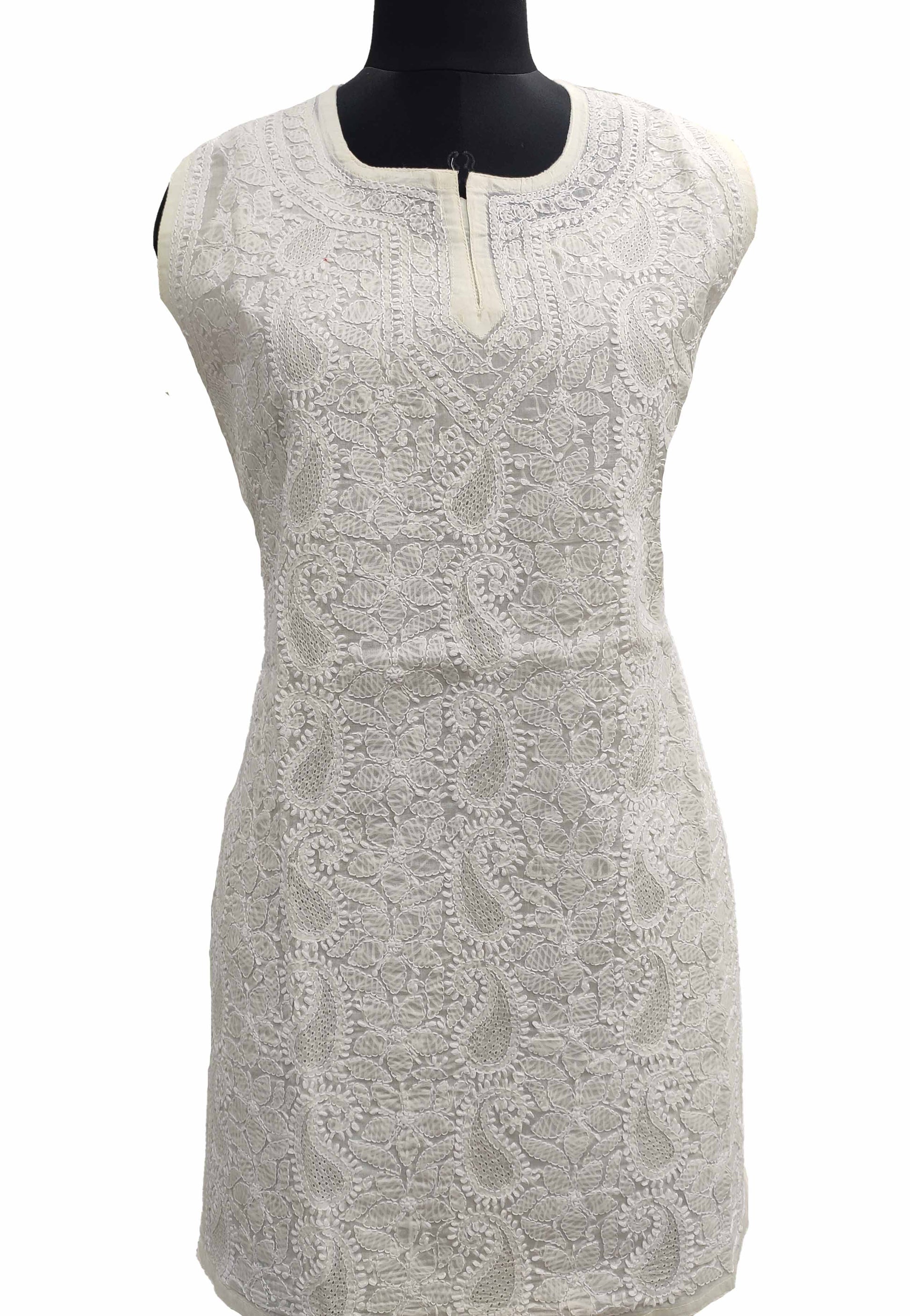 Shyamal Chikan Hand Embroidered Light Lemon Cotton Lucknowi Chikankari Sleeveless Short Top With Jaali Work -  S11298