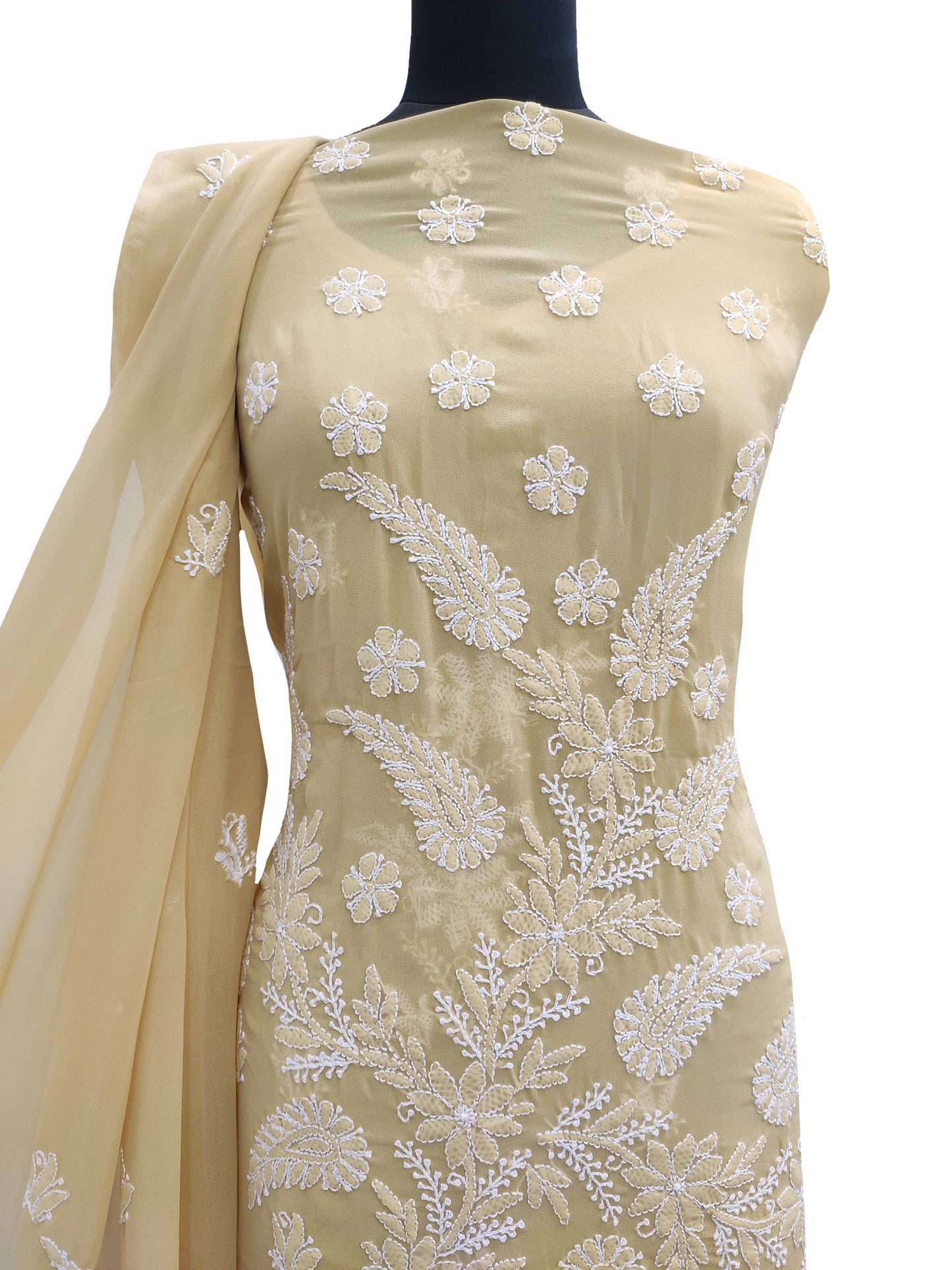 Shyamal Chikan Hand Embroidered Beige High Quality Georgette Lucknowi Chikankari Unstitched Suit Piece With Four Side Border Dupatta - S11389