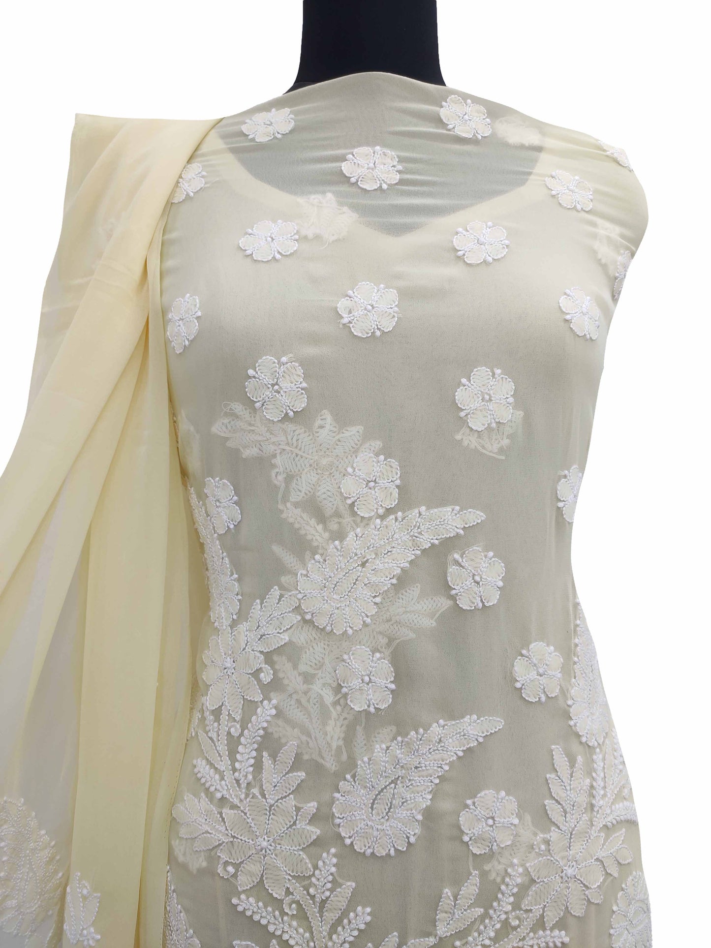 Shyamal Chikan Hand Embroidered Lemon High Quality Georgette Lucknowi Chikankari Unstitched Suit Piece With Four Side Border Dupatta - S11406