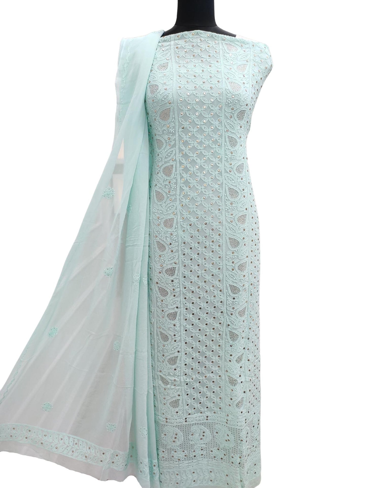 Shyamal Chikan Hand Embroidered Sea Green Viscose Georgette Lucknowi Chikankari Unstitched Suit Piece With Mukaish Work ( Set of 2 ) -S16629