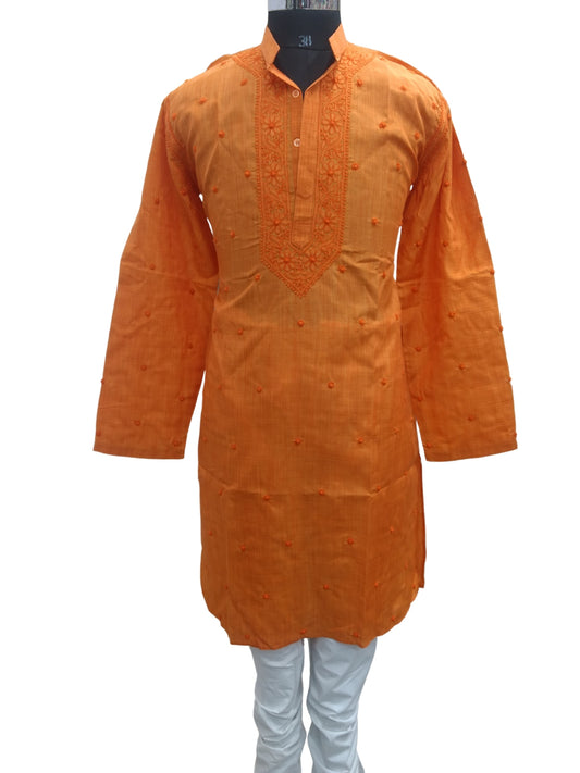 Shyamal Chikan Hand Embroidered Burnt Orange Cotton Lucknowi Chikankari Men's Kurta – S6858