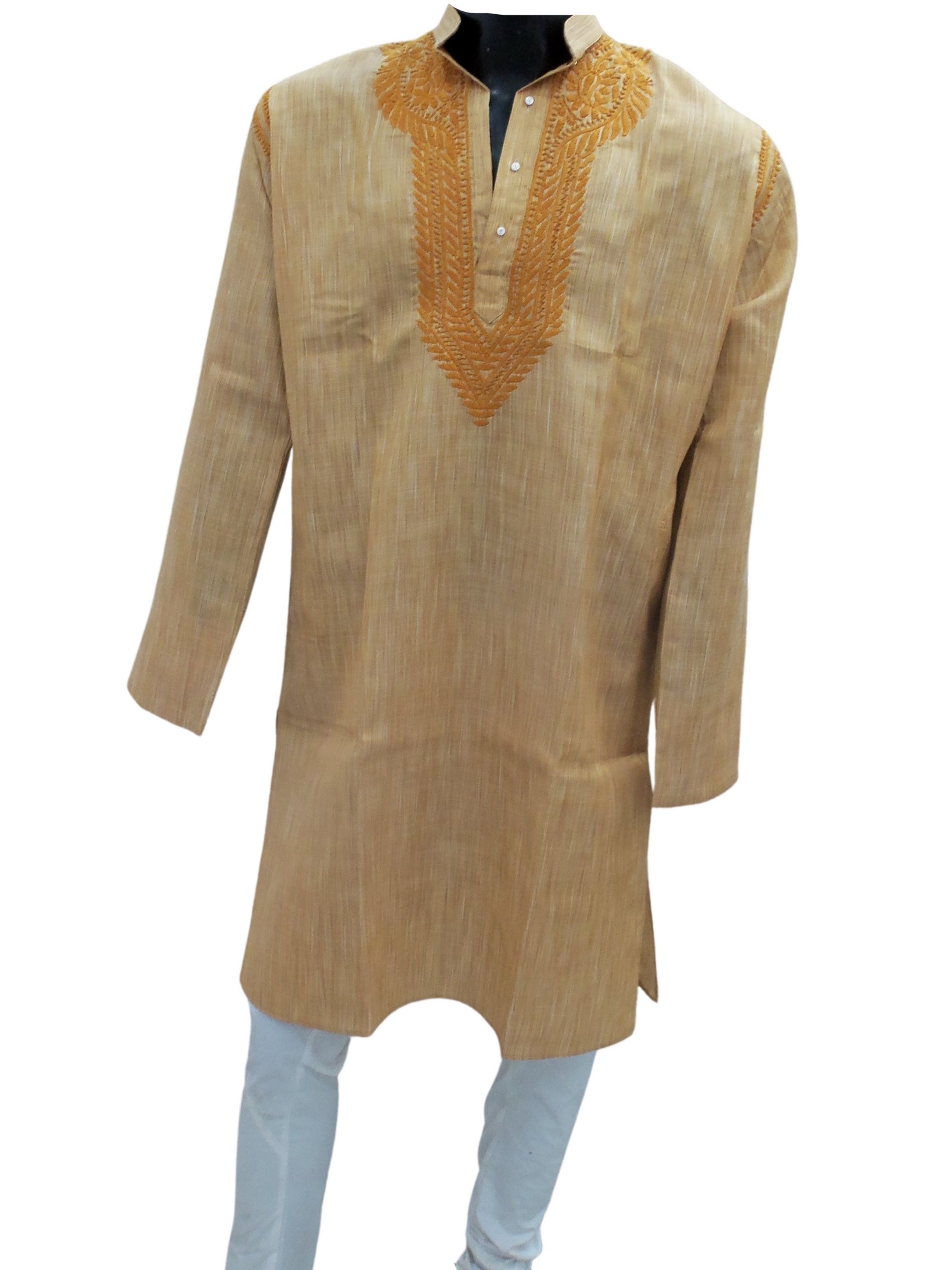 Shyamal Chikan Hand Embroidered Mustard Yellow Cotton Lucknowi Chikankari Men's Kurta – S4999