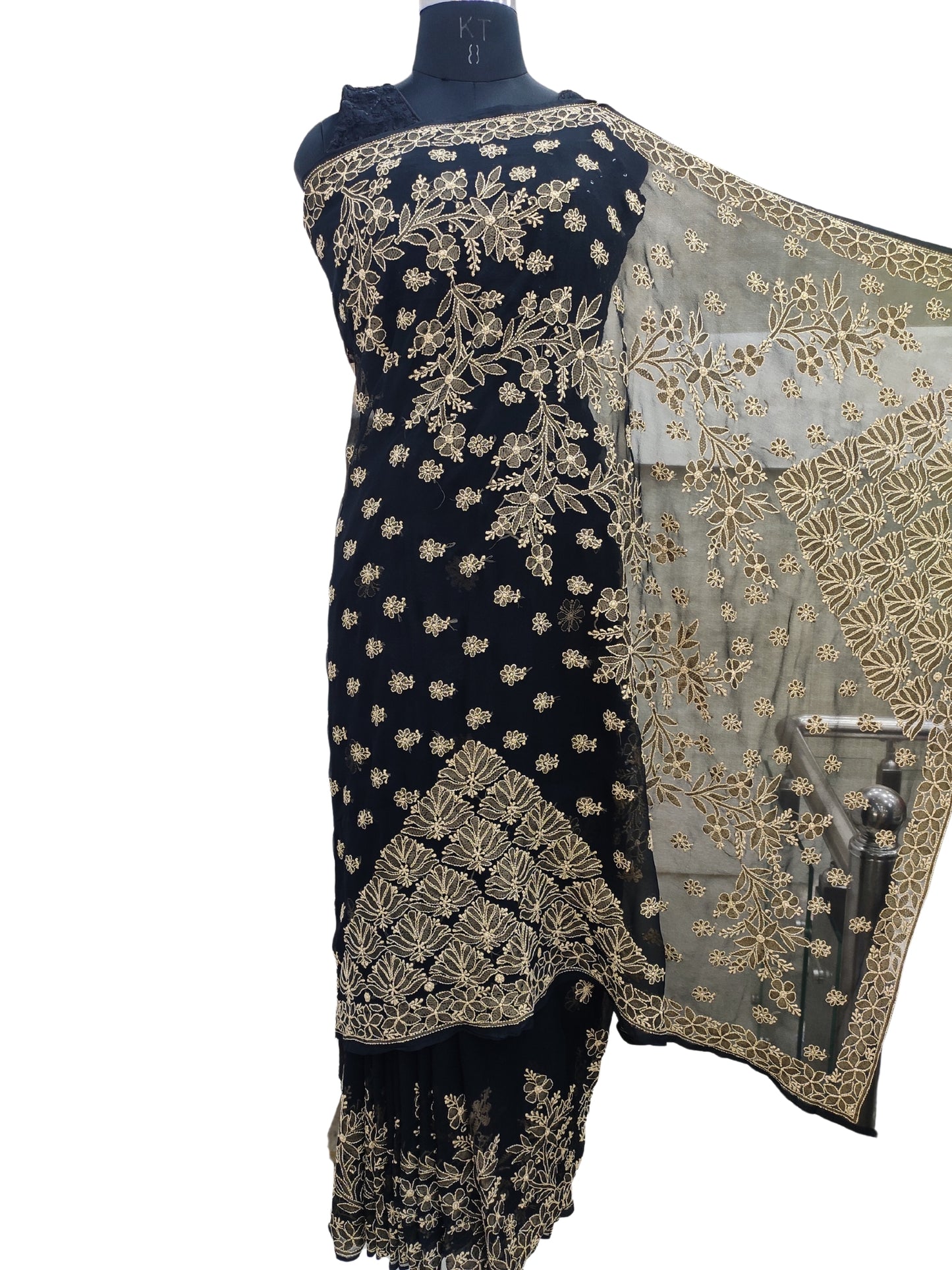 Shyamal Chikan Hand Embroidered Black Georgette Lucknowi Chikankari Skirt Saree With Blouse Piece - S18310