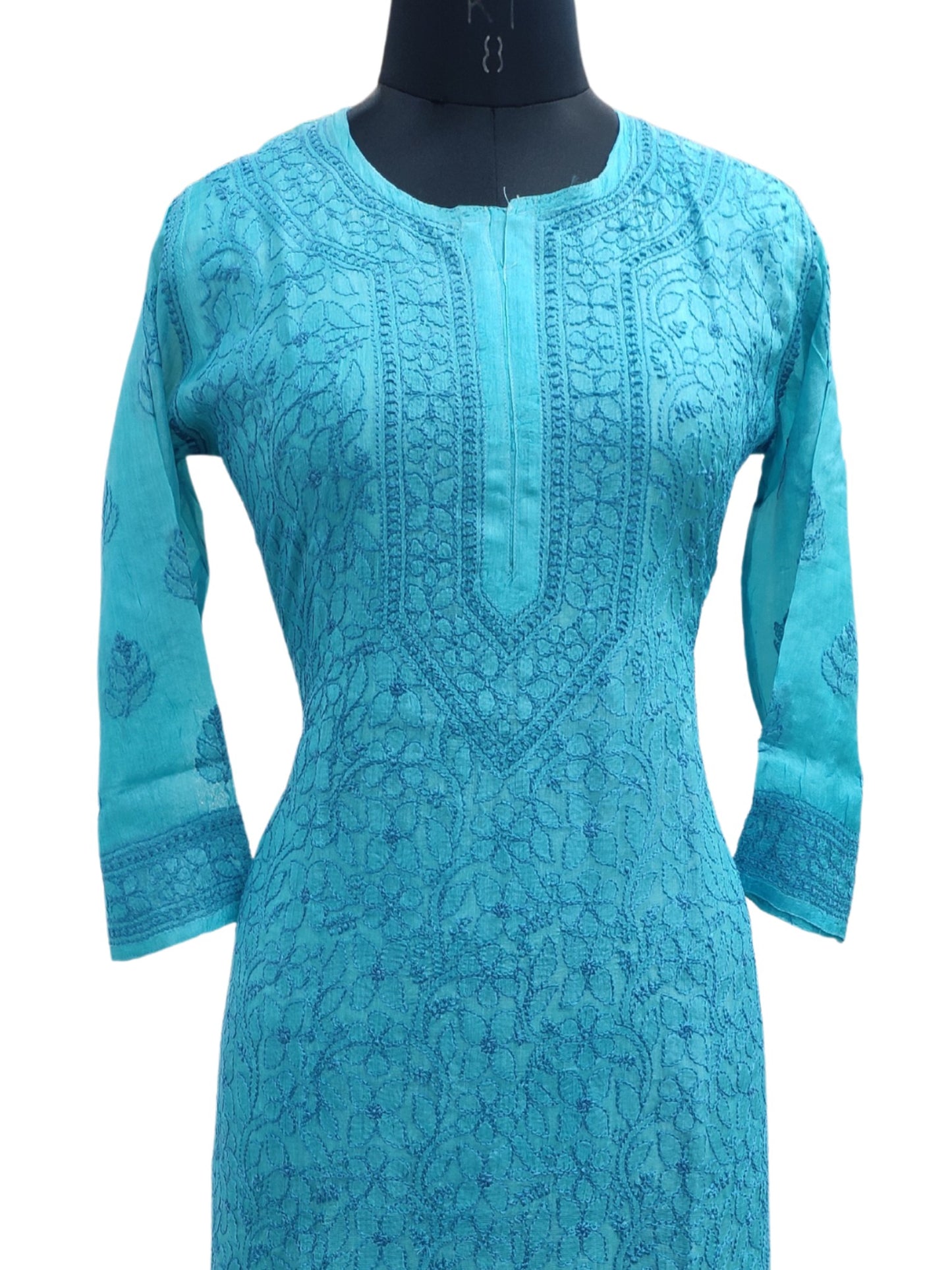 Shyamal Chikan Hand Embroidered Blue Pure Tusser Silk Lucknowi Chikankari Kurti- S18792