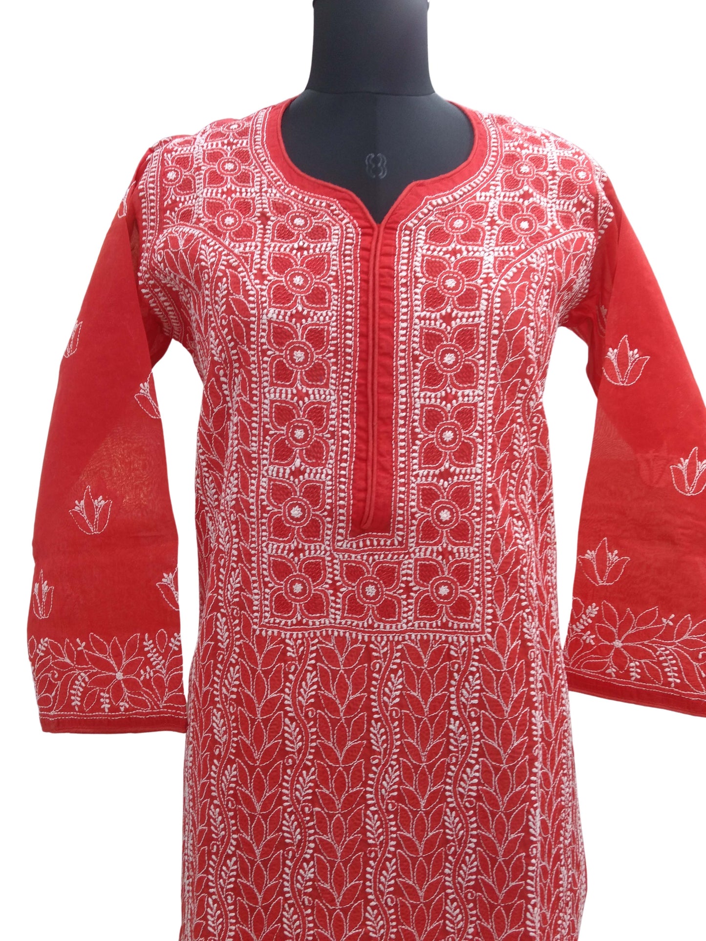 Shyamal Chikan Hand Embroidered Red Cotton Lucknowi Chikankari Kurti- S8007